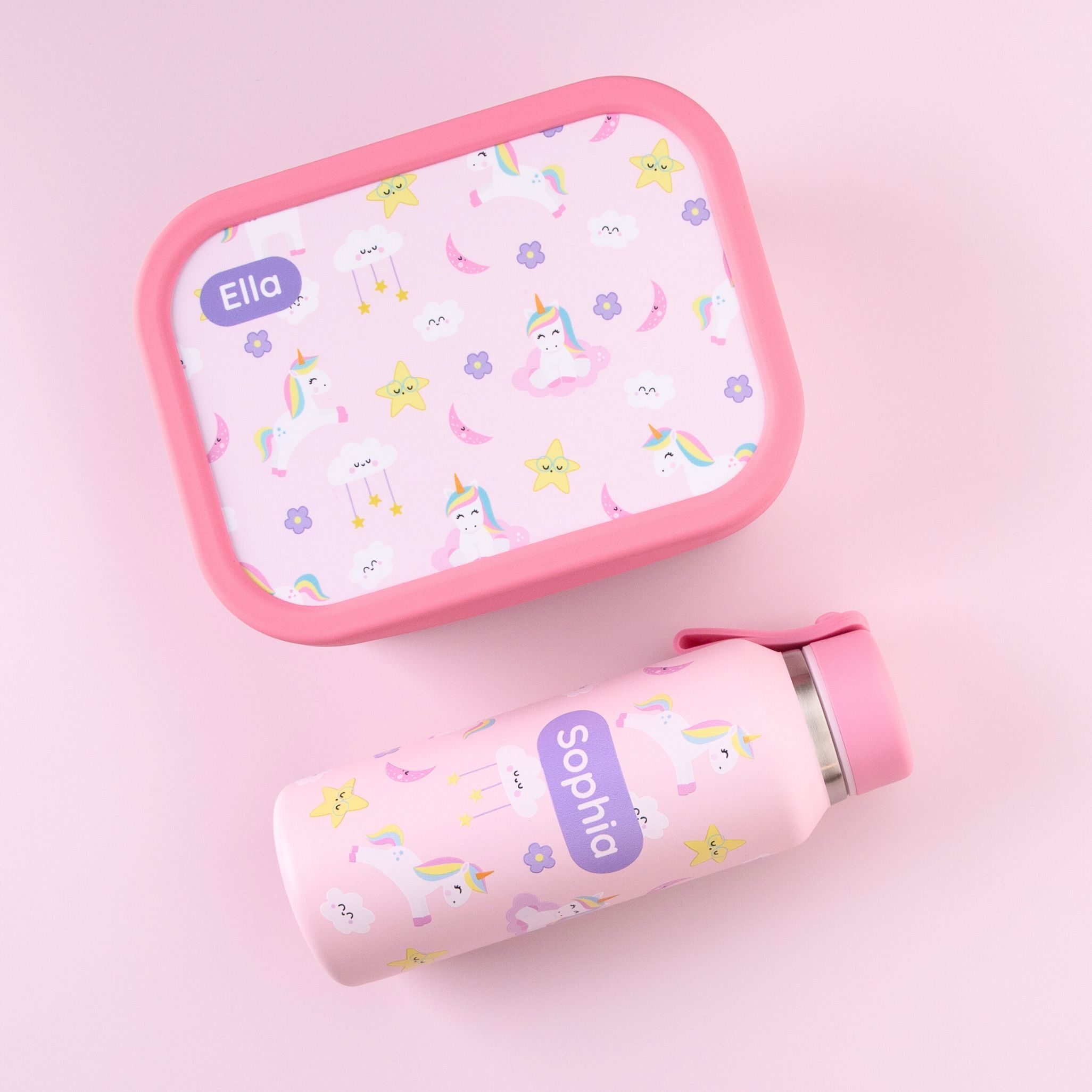 Personalisierte brotdose und trinkflasche mit einhorn-design