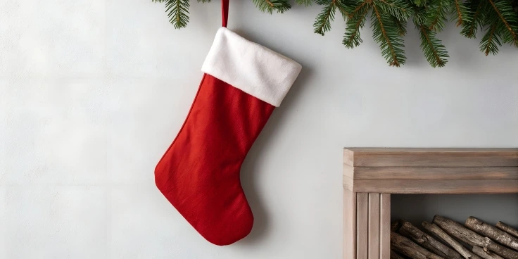 Roter nikolausstiefel an tannenzweigen neben kamin