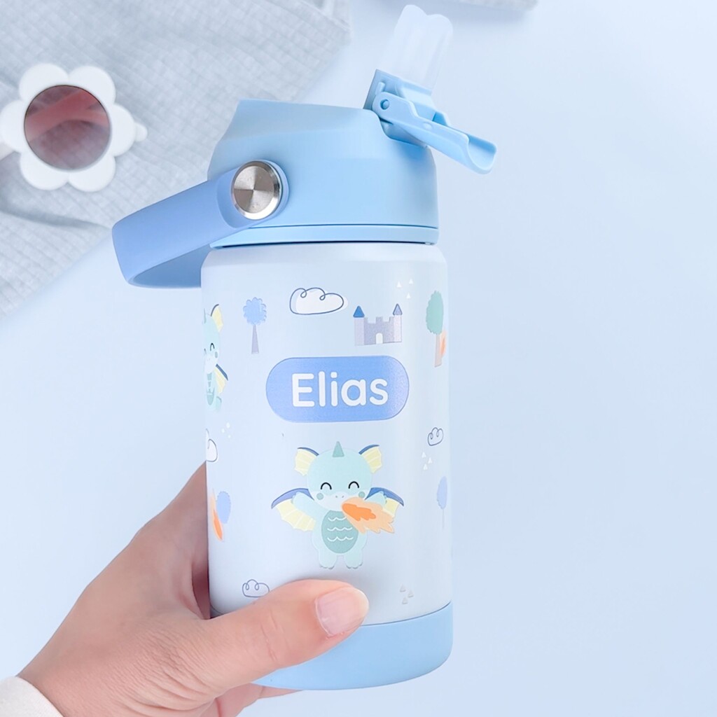 Personalisierte Kinder-Trinkflasche mit Drachen-Design und dem Namen "Elias"