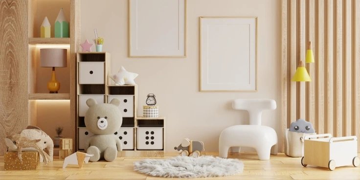 Minimalistisches kinderzimmer mit holzspielzeug und neutralen farben