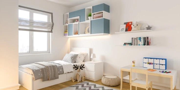 Modernes, aufgeräumtes kinderzimmer mit bett und schreibtisch