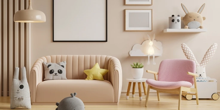 Ordnung halten mit kindern – so wird das kinderzimmer stressfrei aufgeräumt 1 Gemütlich aufgeräumtes kinderzimmer mit sofa, kuscheltieren und deko