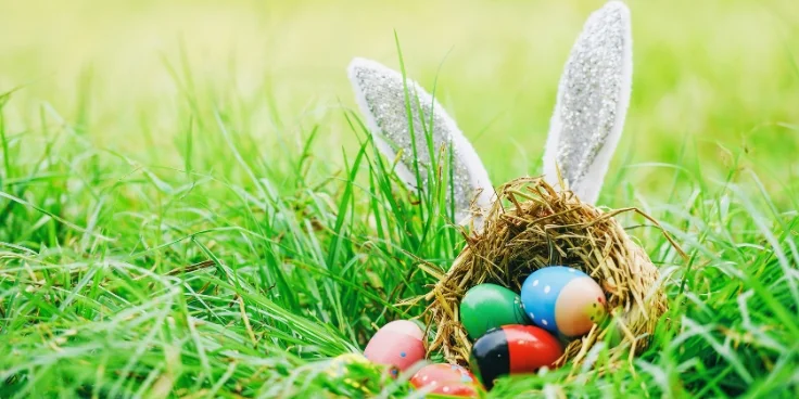 Osternest mit bunten Eiern im Gras