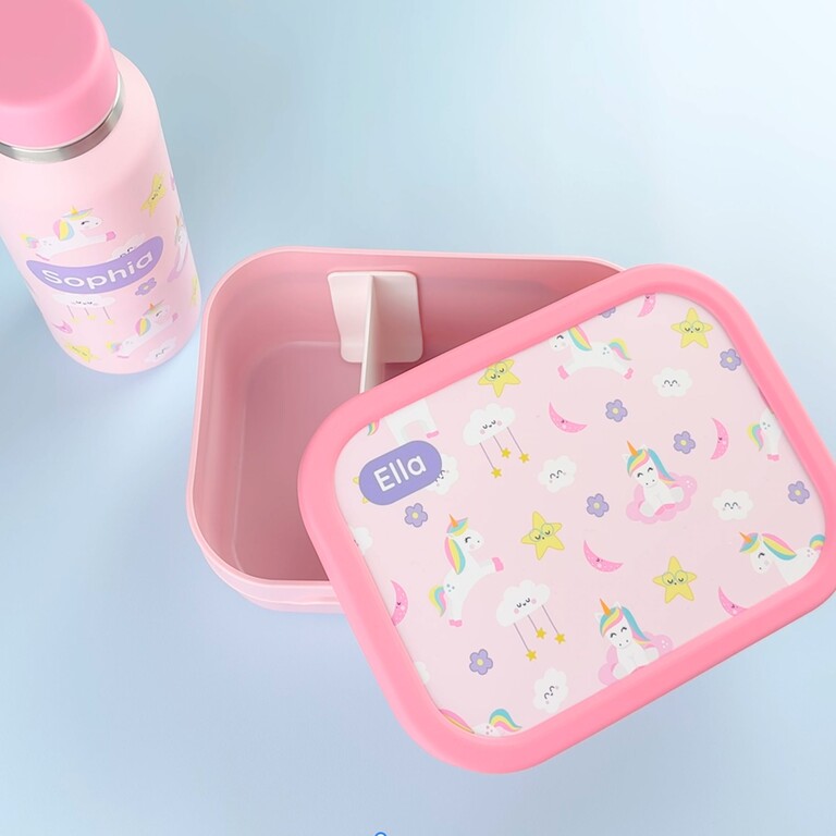 Personalisierte Trinkflasche und Brotdose mit Einhorn-Motiv und dem Namen Ella