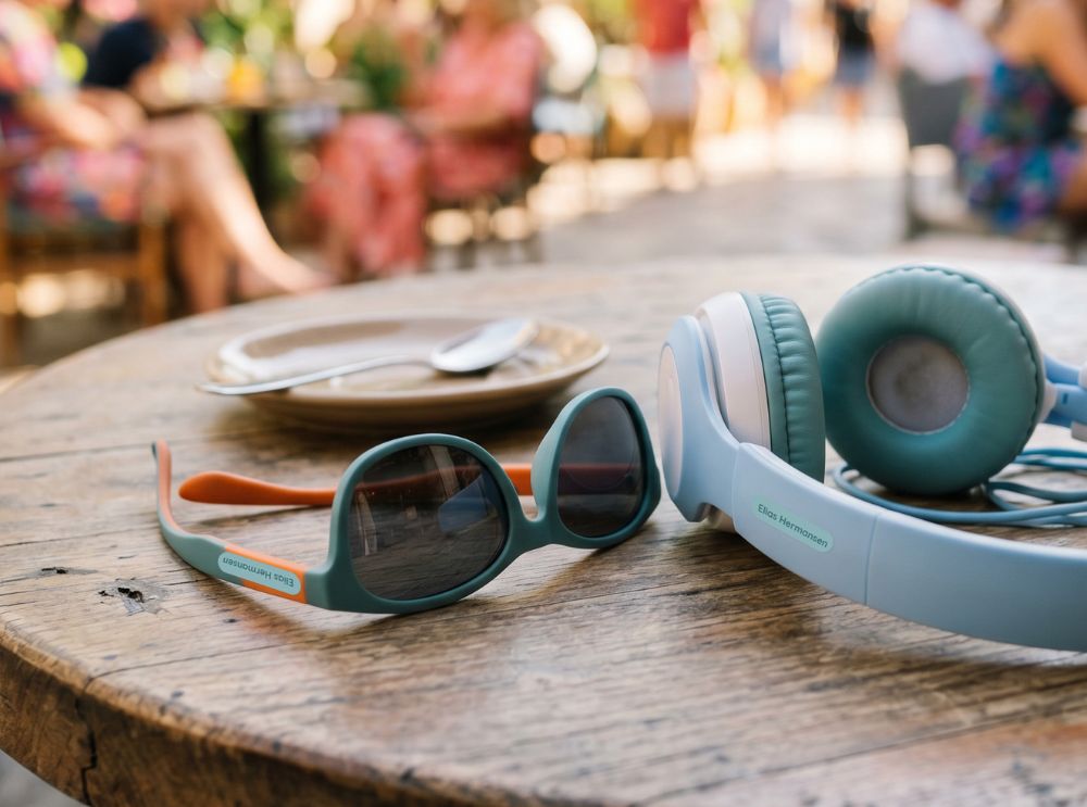 Sonnenbrille und kopfhörer mit personalisierten namensaufklebern auf einem holztisch im urlaub mit kindern