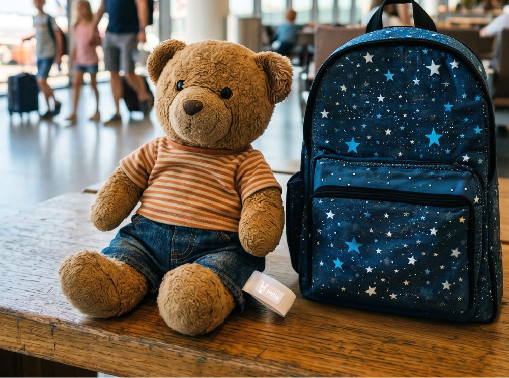 Teddybär und rucksack mit personalisierten namensaufklebern auf einem tisch