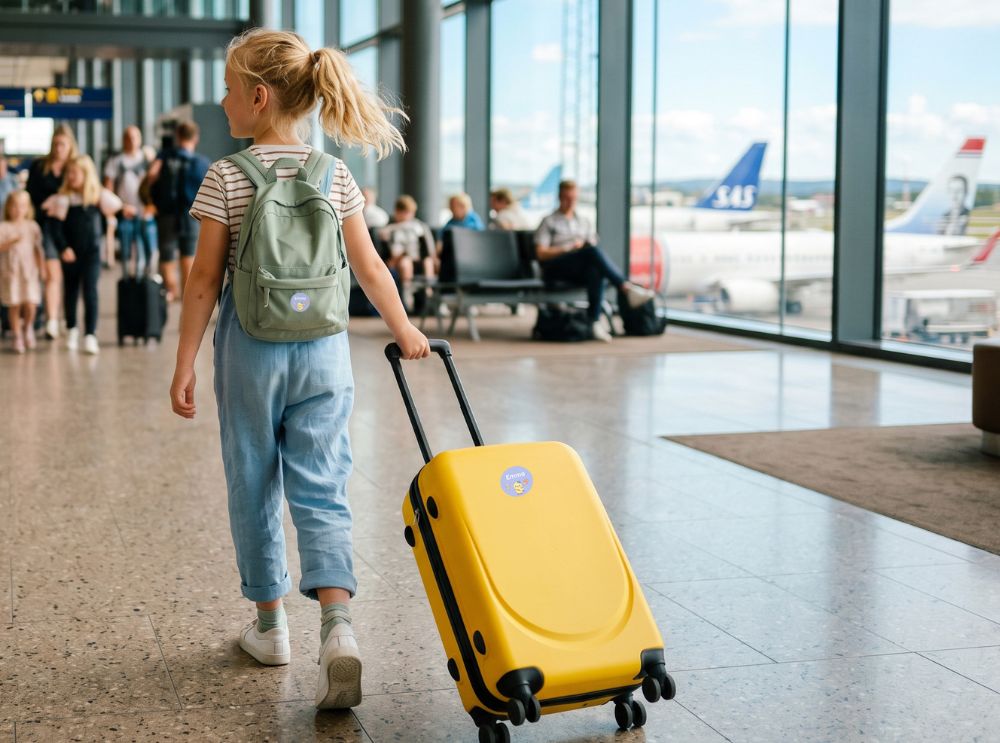 Kind mit rucksack und koffer mit personalisierten namensaufklebern am flughafen