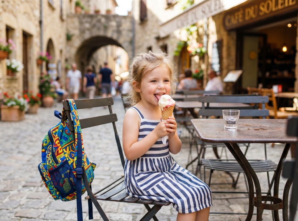 Kind sitzt mit einem eis in einem straßencafé, rucksack hängt an einem stuhl