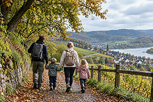 Familie mit zwei Kindern macht einen Herbstausflug und wandert auf einem herbstlichen Weg mit Blick auf ein Tal