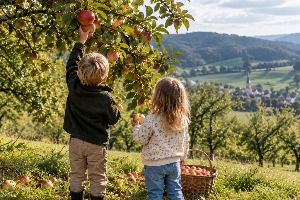 Zwei kinder pflücken äpfel von einem baum mit einem korb voller äpfel daneben
