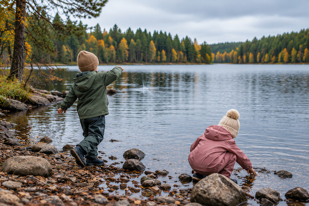 Zwei kinder spielen am ufer eines sees, umgeben von herbstlichem wald