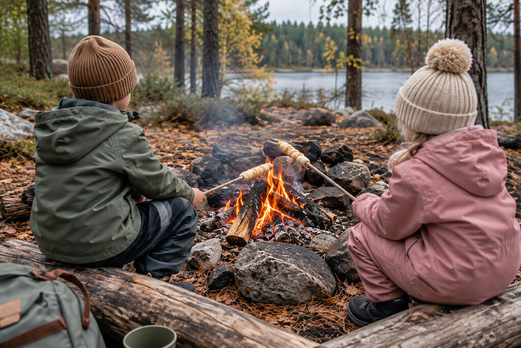 Zwei kinder rösten stockbrot über einem lagerfeuer am see